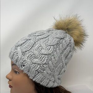 Bula Gray Cable Knit Pom Pom Beanie Faux Fur Lined Cozy Winter Hat Snow Bunny